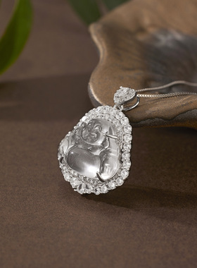 法国Coss KoKoS925银镶嵌石英岩质玉高冰笑脸弥勒佛项链女士新