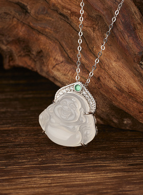 法国coss kokos925银新中式白玉髓弥勒佛项链女式玉石吊坠精致