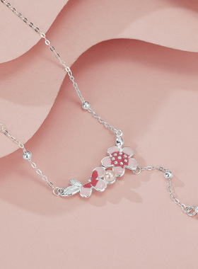 法国coss kokos925银新款桃花源记项链女珐琅滴胶桃花花朵吊坠