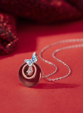 法国coss kokos925银朱砂蝶恋平安扣项链女新中式烤漆蝴蝶挂