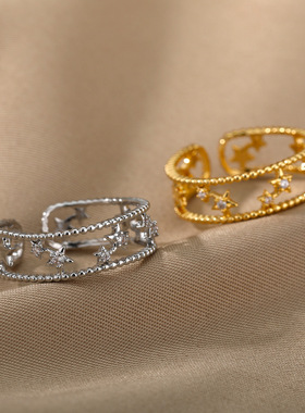 法国coss koko新款字母v锆石开口戒指双层镂空星星戒指龙虾扣