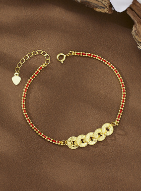 法国coss kokos925银红绳碎冰冰五帝币手链女手工编织幸运红绳