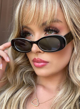 法国coss koko复古椭圆框太阳女镜金属铰链亮黑色素颜墨镜ins