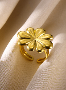 法国coss koko欧美ins18k金圆形螺纹戒指心形花朵戒指