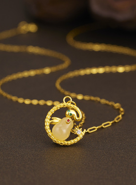 法国coss koko银城s925银和田玉灵蛇盘玉兔项链玉兔蛇吊坠轻