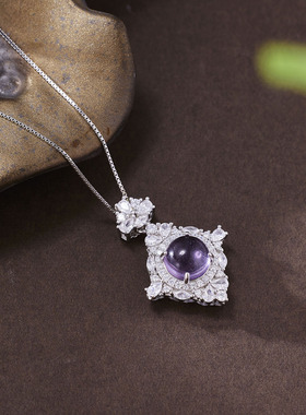 法国coss koko银城s925银紫水晶蛋面项链欧美风几何形吊坠锁骨链