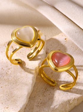 法国coss koko复古心形女士戒指个性百搭白贝母桃心钛钢指环