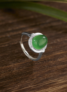 法国coss koko925银戒指女蛋形玉髓银戒托国潮绿色石头锆石新