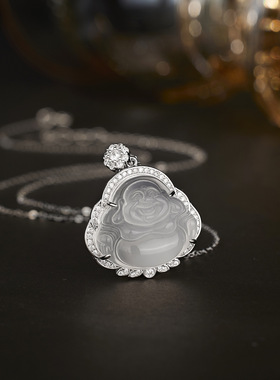 法国coss kokos925银白冰白玉髓佛公吊坠大肚佛项链女新中式