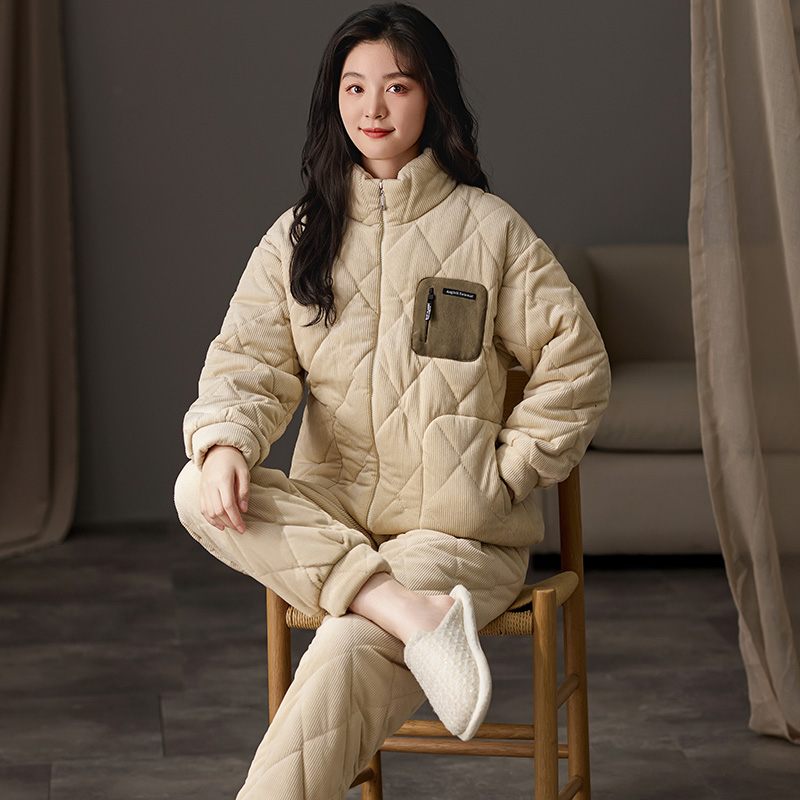 猫人睡衣女款冬季加绒加厚三层夹棉珊瑚绒秋冬款家居服套装可外穿