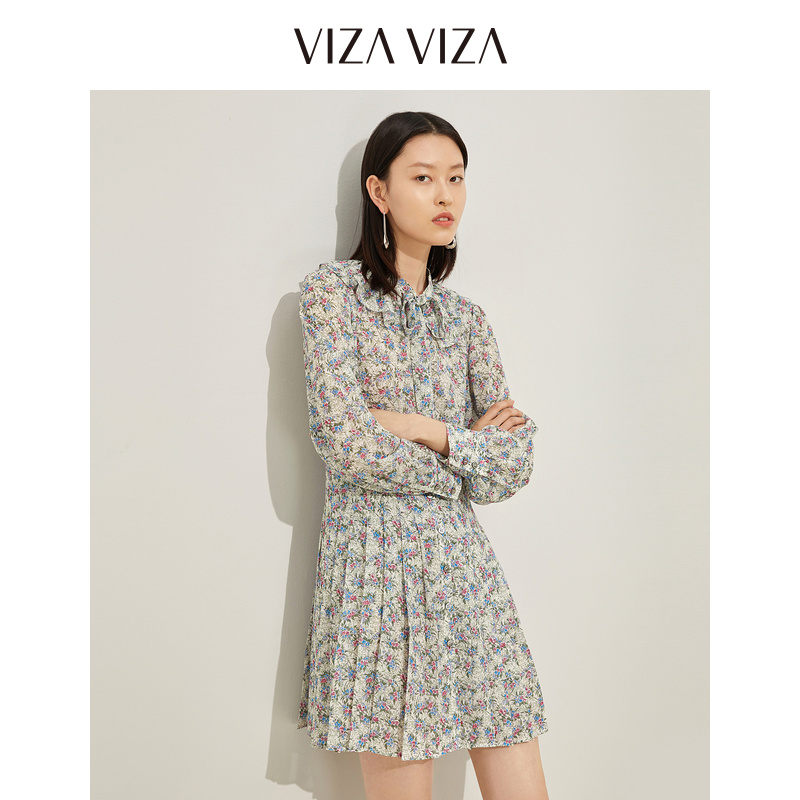 【商场同款】VIZA VIZA 春秋新款温柔女系带长袖碎花连衣裙 - 图1