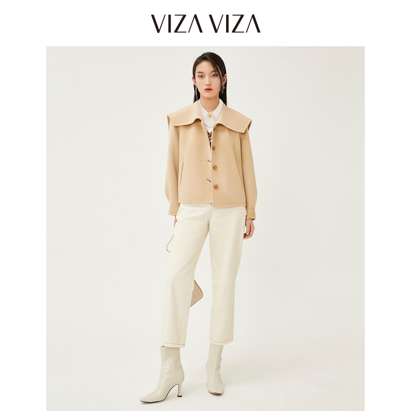 【商场同款】VIZA VIZA 冬季新款海军领双面呢羊绒大衣短款外套女