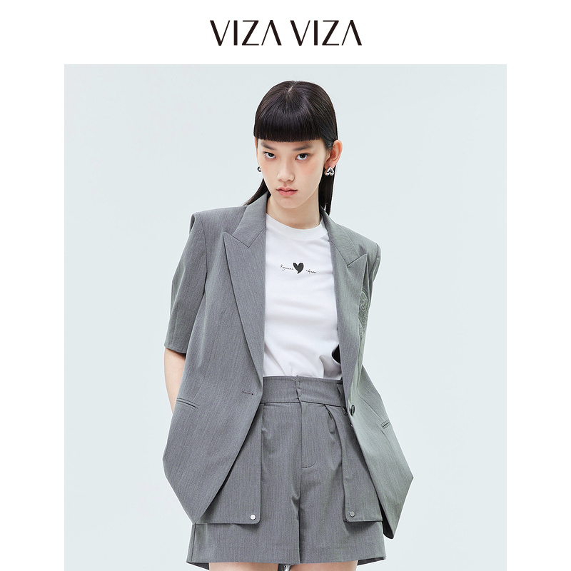 【商场同款】VIZA VIZA 2023夏季新款高腰葭灰短袖西装外套女士