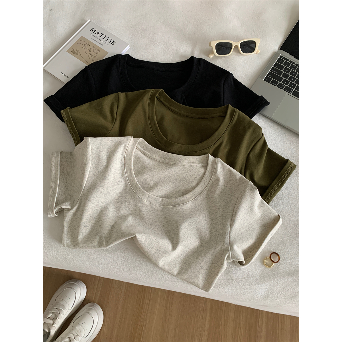 【JMHH】圆领气质短袖T恤女夏季新款显瘦百搭休闲纯色打底衫上衣 - 图0