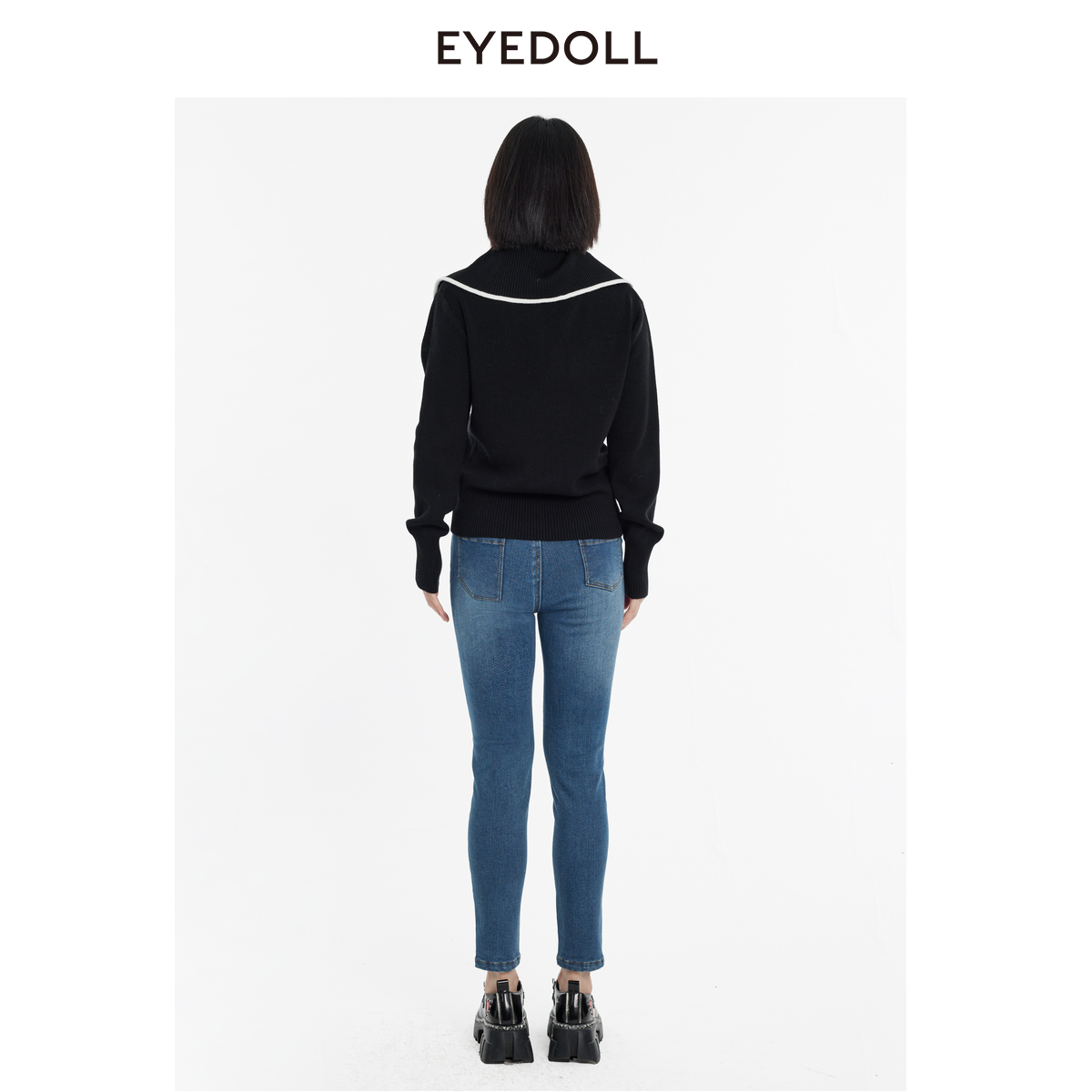 EYEDOLL【商场同款】23冬季新款简约休闲翻领黑色拉链针织开衫 - 图2