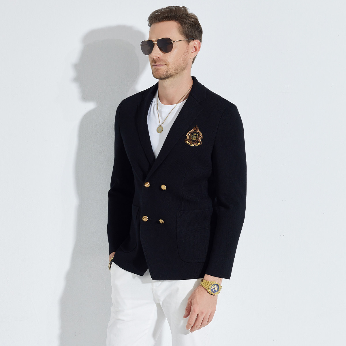 雷迪波尔男装西服2024秋冬新款贴布绣胸章针织弹力修身单西外套男,淘宝优惠券,粉丝福利购,淘宝优惠卷