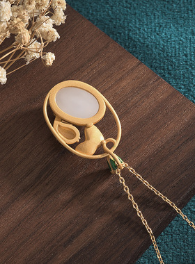 珠宝首饰古法镀金冷珐琅鲤鱼莲蓬镶嵌仿和田玉挂件复古汉服女项链