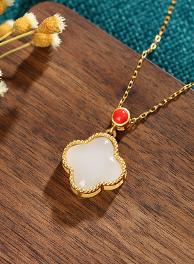 国潮珐琅镀金锁骨链仿南红和田玉四叶草项链女复古中国风旗袍饰品