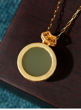 中国风旗袍汉服配饰古法镀金平安无事牌仿和田玉青玉项链气质镶嵌