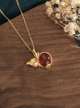 网红复古式铜镀金葫芦吊坠镶嵌红玛瑙玉髓项链宫廷旗袍汉服女配饰