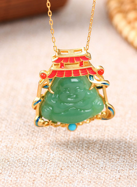 网红同款项坠古法镀金弥勒笑佛仿和田玉复古小众设计感轻奢项链女