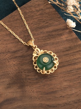 旗袍项链复古鎏金福字仿和田玉平安扣吊坠女款玉石玉坠送妈妈长辈