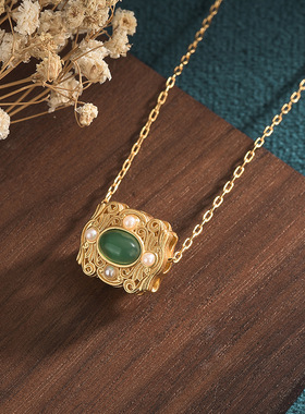 旗袍配饰复古法镀金镶嵌平安锁挂坠镶嵌天然玉髓玛瑙珍珠项链女生