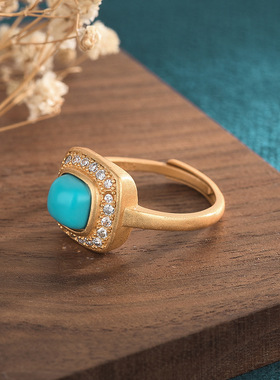 网红宫廷中国风古典旗袍汉服女生手饰古法金工艺镶嵌仿绿松石戒指