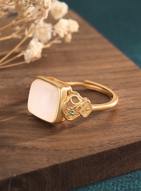 中国风典雅古法金指环宫廷风旗袍汉服设计铜镀金镶白玉开口戒指女