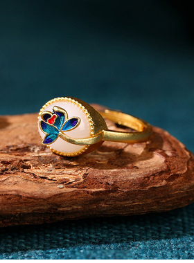 抖音直播国潮民族古风珐琅滴釉仿白玉好运莲莲开口调节指环戒指女