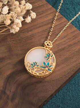 2025夏新品和田玉项链女铜镀金中国风鎏金烧蓝景泰蓝莲花玉石挂件