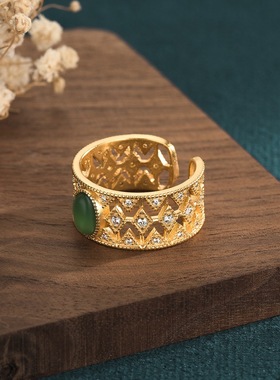 中国风典雅古法金指环宫廷风设计镶嵌玉髓戒指汉服旗袍搭配手饰品