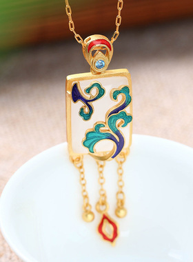 中国风旗袍镀金复古饰品冷珐琅工艺仿和田玉祥云无事牌流苏项链女