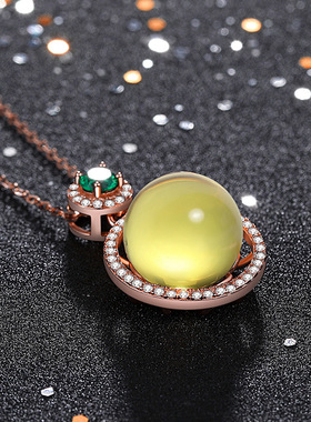 旗袍汉服饰配合成蓝珀吊坠镀玫瑰金镶嵌净水蓝珀项链琥珀蜜蜡圆珠