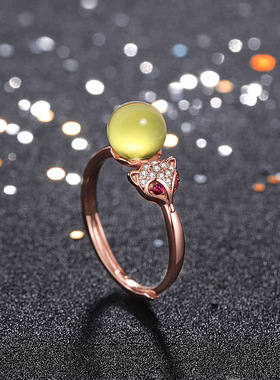 汉服2023夏季新款指环宫廷风设计镶嵌多米加二代合成蓝珀灵狐戒指