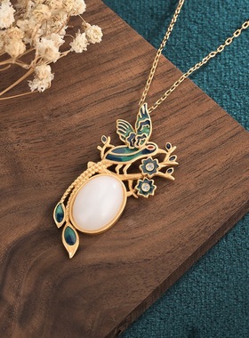 复古式国风铜镀金景泰蓝喜鹊造型搭配仿和田玉古典文艺项链女挂坠