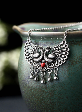 国潮风复古做旧泰银工艺镶嵌仿南红宝石比翼双飞鸟流苏项链
