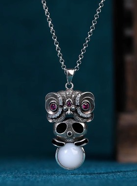 国潮醒狮项链女款新中式仿玉石锁骨链文艺复古风民族风小熊猫吊坠