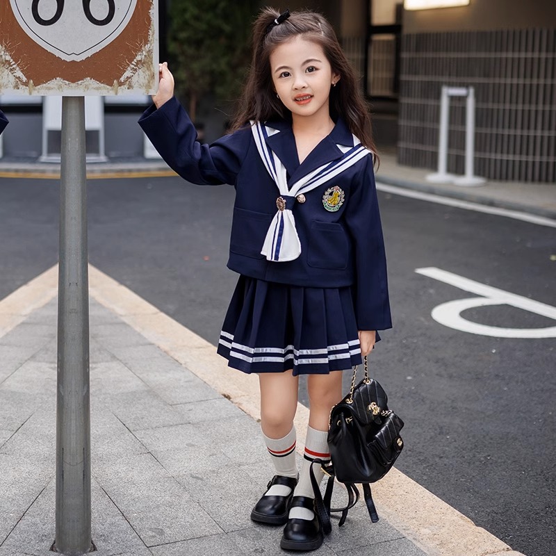 学院风女童套装jk制服百褶裙子春秋装2024新款儿童女孩海军风外套 - 图3