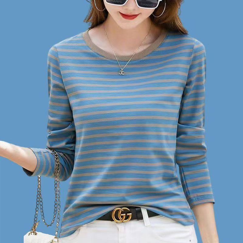 条纹春秋中年圆领遮肚纯棉长袖T恤女士大码宽松内搭显瘦打底上衣,淘宝优惠券,粉丝福利购,淘宝优惠卷