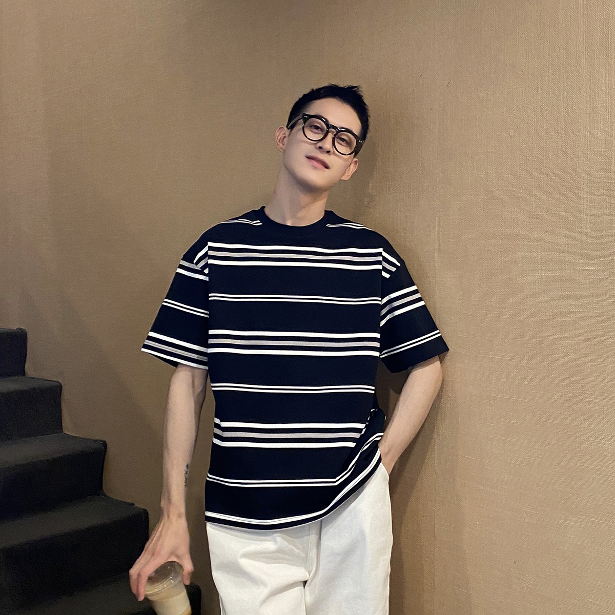 nick tian 日系新款黑白条纹t恤男夏季宽松休闲短袖半袖上衣百搭 - 图2