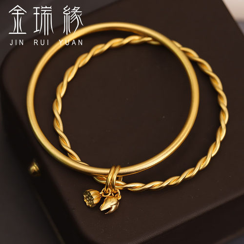 24K黄金古法手镯女 足金999麻花实心双层莲花莲蓬两世欢双圈叠戴 - 图2
