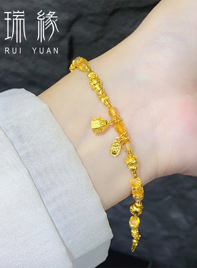 古法黄金小盘缠手链女999足金本命年平安无事小金圈葫芦水晶手串