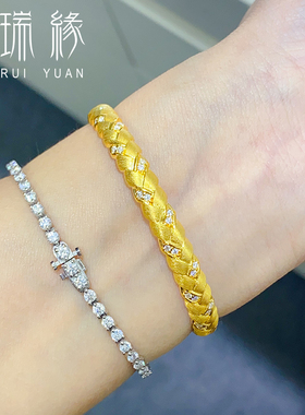 黄金麦穗手镯5G金镶嵌编织手饰999足金麻花点钻手镯女友礼物定制