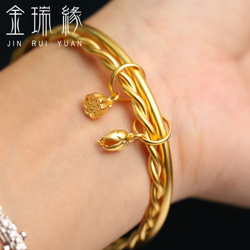 24K黄金古法手镯女 足金999麻花实心双层莲花莲蓬两世欢双圈叠戴 - 图3
