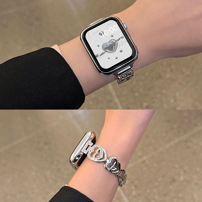 适用iwatchS10表带S11双心型链小香风女苹果s9/s8/7/6/5/4代手表applewatch s9金属腕带se3女士高级替换带,淘宝优惠券,粉丝福利购,淘宝优惠卷