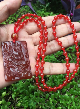 红玛瑙方形挂件本命年生肖龙吊坠