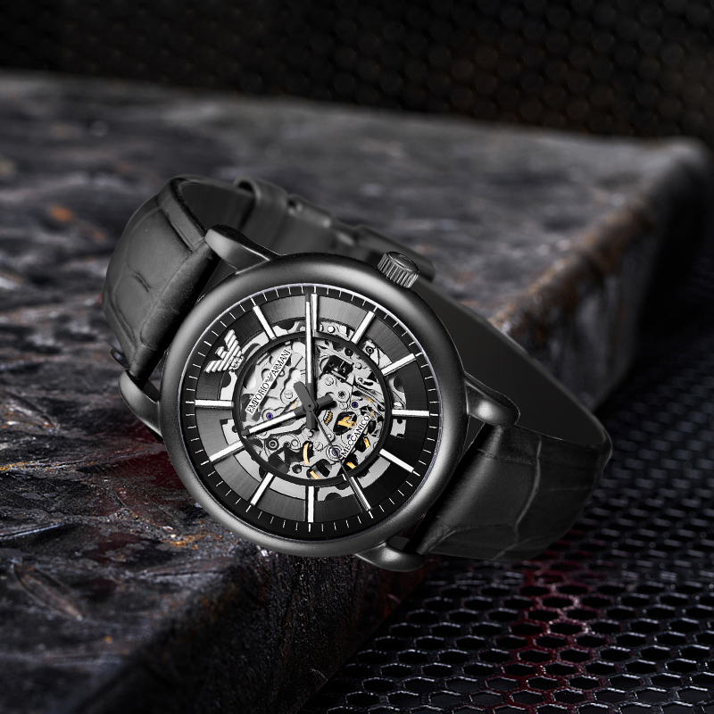 阿玛尼手表男机械表正品黑武士镂空运动时尚商务皮带腕表AR60008