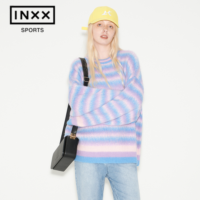 ISS INXX SPORTS 马海毛彩色条纹针织衫甜辣彩虹情侣糖果色毛衣 - 图1