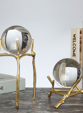 轻奢黄铜水晶球摆件欧式后现代客厅书房书柜办公桌酒柜家居